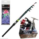 TELESCOPIC NGT FISHING BEACHCASTER ROD 12FT + REEL SEA BEACH + Mackerel Feathers