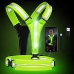 LED Reflective Vest Running Gear, USB Rechargeable Light Up Running Vest Chest Phone Holder for Runners Night Walking,6-11hrs Light Adjustable Waist/Shoulder for Women Men Kids (Green)