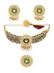 ZAVERI PEARLS Green Clustered Pearls Kundan Choker Necklace Earring & Ring Set For Women-ZPFK11067