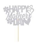 SVM CRAFT® Mothers day cake topper - Pack of 1 Happy Mother's Day Cake Topper with Glitter Flower Double Heart Love Mom Best Mom Cake Pick Decorations for Happy Mother's Day Birthday Party Supplies Silver