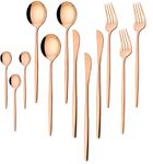 ANH MART Mirror Finish Rose Gold Plated Stainless Steel Flatware Set Copper Silverware Set Rose Gold Spoon Color Cutlery Set [Dinner Fork-Tea Spoon-Salad Spoon-Knife] Set of (Rose Gold 12)