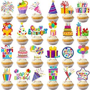 48pcs Happy Birthday Cupcake Toppers Colorful Birthday Cupcake Picks Decorations for Boy Girl Birthday Party Supplies