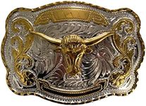 Classic Golden Floral Pattern Silver Bottom Golden Long Horn Bull Western Cowboy Fashion Belt Buckle Motorcycle Rider Street Punk Style Men's Western Belt Buckle
