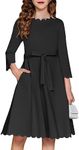 Arshiner Dresses for Girls 3/4 Sleeve Zipper Back Cute Scallop Trim Belted Midi Dress with Pockets（Black，8-9Years）