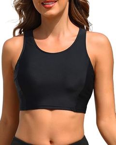 Tempt Me Women's Black Sports Bra Swimsuit Scoop Neck Bikini Top Racerback Swim Crop Top Padded Bathing Suit