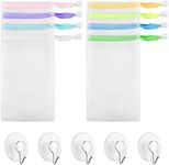 8 Pcs Mesh Soap Net Bag, Soap Pouch Saver with Drawstring and 5 Pack Suction Hook Exfoliating Mesh Soap Bag Set for Shower Bath (Random Color, 5.9x3.54 Inch)