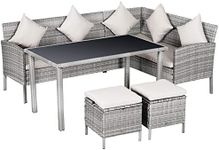 Outsunny Garden Outdoor 5 PCs Patio Rattan Corner Dining Set 6 Seater Wicker Sofa, Foot Stool, Dining Table with White Cushions - Mixed Grey