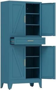 COFaR 71 in Tall Kitchen Pantry Cabinet, Metal Pantry Storage Cabinet with 4 Adjustable Shelves and 4 Barn Doors, Freestanding Farmhouse Food Cupboard for Dining Room, Peacock Blue 6-Tier