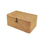 Sobotoo Wicker Storage Basket with Lid, Natural Woven Rattan Seagrass Storage Box Rectangular Household Organizer Boxes Shelf Wardrobe Organizer (L)