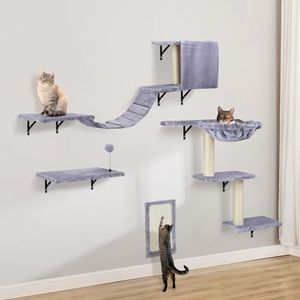 SLFYFC Cat Wall Furniture,Wall-Mounted Cat Climber Set with Cat Wall Shelves, Perches, Condo House, Ladder, Scratching Board & Tree - 5 Pcs Wood Indoor Cat Furniture for Play (Light Grey)