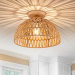 Rattan Ceiling Light Fixtures Boho Chandelier Rattan Flush Mount Ceiling Light Bohemian Woven Light Wooden Ceiling Base Small Chandelier for Hallway Bedroom Kitchen Nursery Farmhouse Chandelier