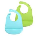 PandaEar 2 Pack Silicone Baby Bibs Super Thin Light Weight for Babies & Toddlers Feeding, Adjustable Silicone Bibs with Food Catcher Pocket, Waterproof, Soft, Unisex, Non Messy (Blue Green)