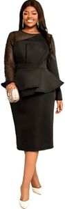 AOMEI Women's Mesh Patchwork Bead Long Sleeve Peplum Bodycon Knee Length Dress, Black, 3X-Large