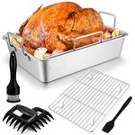 15.3’’ Roasting Pan with Racks, Joyfair 7 Pcs Stainless Steel Large Turkey Roaster Pan with Handle, Cooling Flat Rack/V-rack, Meat Tenderizer/Claws and Brush, Heavy Duty & Multi-Use, Dishwasher Safe