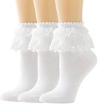 AMHRLINGTO Lace Ruffle Frilly Ankle Socks for Women - Pearl Lace Socks, White-3 Pairs, 5-9