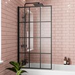 LUXURA® 1400 x 800mm Black Square Grid Over Bath Shower Screen Door 6mm Clear Toughened Safety Glass Panel 180° Pivot Bathroom Hinged Framed Bath Screens