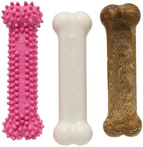 Nylabone Puppy Triple Pack - Pink Puppy Teething Toy, Nylon Dog Toy, & Chew Treat Variety Pack - Puppy Supplies - Chicken and Bacon Flavors, Small/Regular (3 Count)