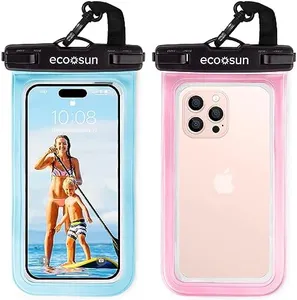 Eco Sun Waterproof Phone Pouch (2-Pack) ��— Designed in Hawaii — Case Fits All iPhones (incl. 15 Pro Max), Samsung Galaxy S23 & More Blue/Pink