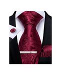 DiBanGu Burgundy Paisley Ties Silk Tie and Pocket Square Cufflinks Tie Clip for Men Wedding