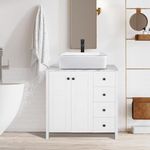 Puluomis 32 Inch Traditional Bathroom Vanity Set in White Finish, Single Bathroom Vanity with Marble Texture Top and 4 Drawers, Square White Ceramic Sink Top with Single Faucet Hole