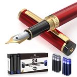 Dryden Designs Medium Nib Fountain Calligraphy Pen |12 Black & 12 Blue with Ink Refill Converter| No Leak, Smooth Flow, Consistent Writing | Left-and Right-Handed | Royal Red