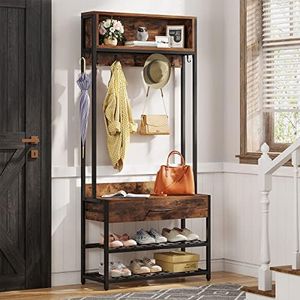 Tribesigns 3-in-1 Entryway Hall Tree with Drawer, Vintage Industrial Coat Rack with Shoe Bench and Hutch, Mudroom Bench with Shoe Storage Rack and 9 Hooks for Living Room Bedroom (Brown)