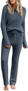 luvamia Lounge Sets For Women Fuzzy Two Piece Pants Set For Women Fleece Knitted Long Sleeve Pj Loungewear Grayish Blue Size Medium Fits US 8-10
