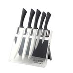 Ross Henery professional knives, 5 Piece kitchen knife set with Silver coloured blades in a clear foldable Acrylic Stand