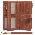 GOIACII RFID Ladies Wallet Clutch Purses for Women Double Zipper Billfold Card Holder Wristlet Leather