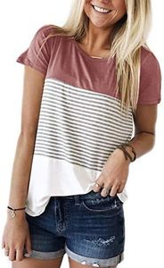 ZAWAPEMIA Womens Striped Tshirt Triple Color Block Short Sleeve Casual Blouse M Pink