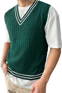 SOLY HUX Men's Striped Cable Knit Sweater Vest V Neck Sleeveless Casual School Sweater Tops Dark Green Striped XL