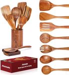 Wooden Spoons for Cooking, 9 PCS Teak Wooden Kitchen Utensil Set with Spoon Rest - Smooth Finish, Non-Stick, Comfort Grip Cooking Spoons and Utensils Holder, Heat Resistant Kitchen Utensils