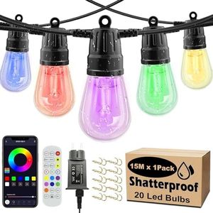 Festoon Lights Outdoor,15m String Lights with Remote & APP, S14 Dimmable LED RGB Patio Lights with 20 Shatterproof Bulbs,Color Changing Waterproof Outdoor Hanging Lights for Christmas,Garden,Party