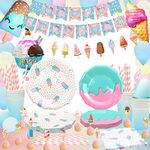 Ice Cream Party Supplies Set - Sweet Summer Party Decorations for Girls boys Birthday Banner Balloons Tablecloth Three Type Plates Cups Napkins Serves 24 Guests (B)