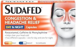 Sudafed Congestion & Headache Relief Day & Night Capsules, Relieves congestion and Helps fight Head Cold, Specifically Formulated for during the day and night, pack of 16