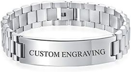 Bling Jewelry Personalized Identification Name Tag Bracelet Watchband for Men Silver Tone Stainless Steel 8.5 Inch Custom Engraved