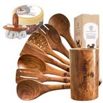 CRAFTY HEAVEN Wooden Spoon Set for Cooking Natural Sheesham Lakdi Chamach Set Handmade Kitchen Items Include Frying, Serving, Spatula, Chapati, Rice Spoons Nonstick Safe Ideal for Gifting Set of 9