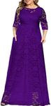 MAYFASEY Women's Plus Size Floral Lace Wedding Dress 3 4 Sleeve Bridesmaid Evening Party Long Maxi Dresses with Pockets, B-purple, X-Large