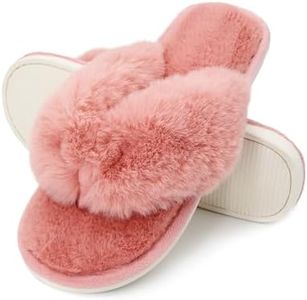 Onmygogo Rabbit hair Indoor Thong Slippers for Women Open Toe with Memory Foam, Soft Faux Fur Nonslip House Slippers(Salmon,L)