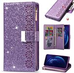 Samsung A32 5g Case Wallet,Glitter Carving Zipper Handbag with 9 Card Slots & Wrist Strap,Stand Flip Protective Cover for Women Magnetic Phone Case for Samsung A32 5G Purple