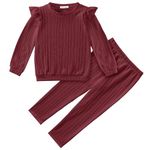 Arshiner Toddler Baby Girl Home Wear Clothes Ribbed Ruffle Sleeve Tops+Elastic Sweatpants Two Piece Solid Outfit Set 2T 3T