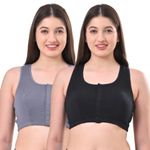 Adira | Front Open Bras for Women | Non Padded & Non Wired Bras | High Racer Back for Support & Posture | Wire-Free & Full Coverage | Front Opening | Pack of 2 | Black & Steel Grey | 6XL