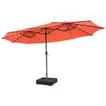 Tangkula 15FT Double-Sided Patio Umbrella with Solar Lights, Extra-Large Umbrella W/ 48 LED Lights & Auto-Charging Solar Panel, Outdoor Twin Market Umbrella W/Extra Weighted Base Stand (Orange)