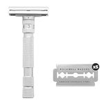 Long Handle Rockwell T2 Brushed Chrome Safety Razor for Men and Women with Infinite Shaving Settings, 5 Fully Recyclable Blades and Travel Leather Bag