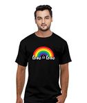 Pooplu Men's Regular Fit Love is Love with Rainbow Design Cotton Printed Round Neck Half Sleeves Multicolour Pootlu Tshirt. LGBT Tshirts(Oplu_Black_Medium)