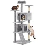 Yaheetech Large Cat Tree, 178cm Cat Tower w/Scratching Posts, 2 Cat Condos, Perched Platform and 2 Dangling Balls Stable Cat Furniture, Light Grey