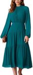 GRACE KARIN Women's Long Sleeve Casual Dress Round Neck A-line Dress Pleated Dress Autumn Winter Midi Dress, blue-green, M