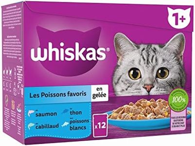 WHISKAS Repas pour Chat - 48 Sachets Fraîcheur (Lot de 4 Packs 12x85g) - Poissons Favoris (4 variétés) - Pâtée pour Chat Adulte en Gelée