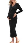 OUGES Women's 2024 Trendy Maternity Fall Winter Sweater Bodycon Midi Dress V Neck Long Sleeve Slim Fit Elegant Ribbed Knit Clothes(Black,M)