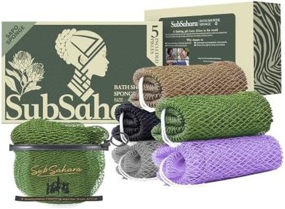 SubSahara Authentic African Net Sponge, 5 Pack 45-Inch Exfoliating Bath Sponge and Shower Loofah for Body and Back, Colorfast Quick-Dry Knotted Mesh Scrubber with Travel Pouch